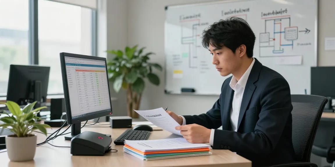 Business professional engaged in document fraud detection analysis in modern office.