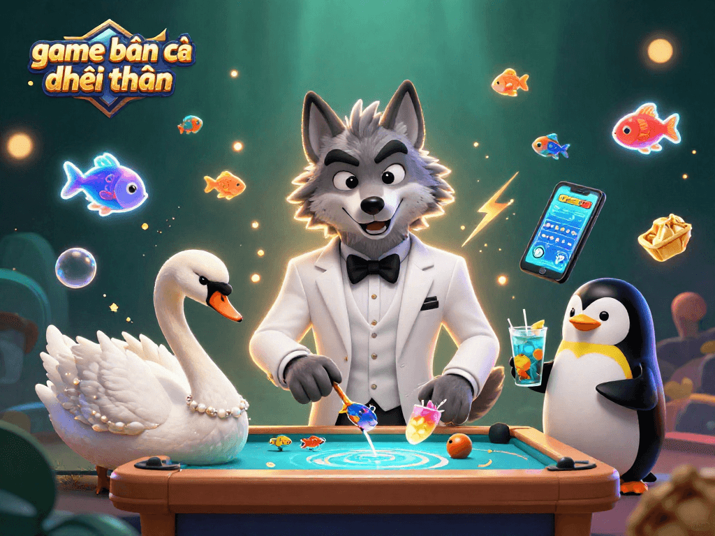 Engage in game bắn cá đổi thưởng with vibrant underwater targets, featuring unique characters and neon elements.