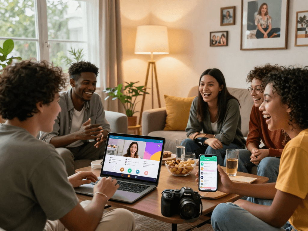Friends enjoying a spicychat video call in a cozy setting, showcasing social interaction on multiple devices.