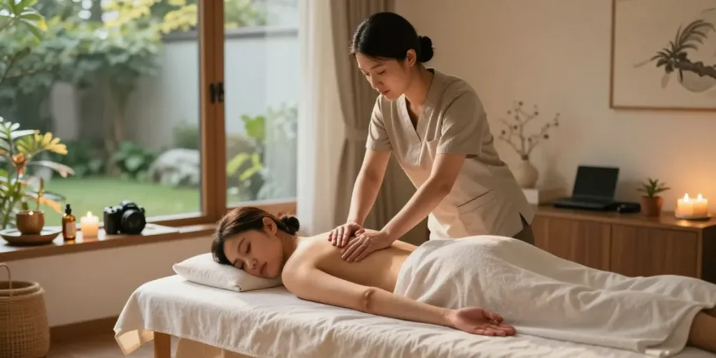 Enjoying a tranquil 강남출장안마 session at home with a professional therapist.