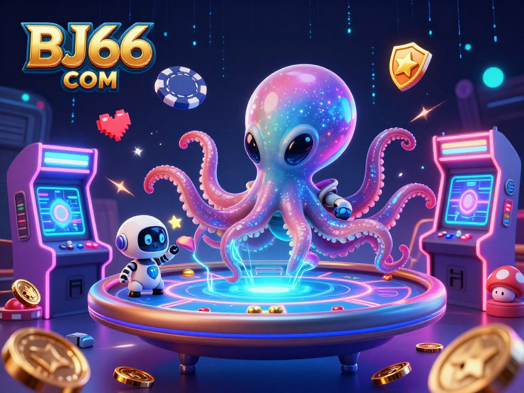 Engage in thrilling online poker action at BJ66 COM, where an octopus expertly operates a holographic table.