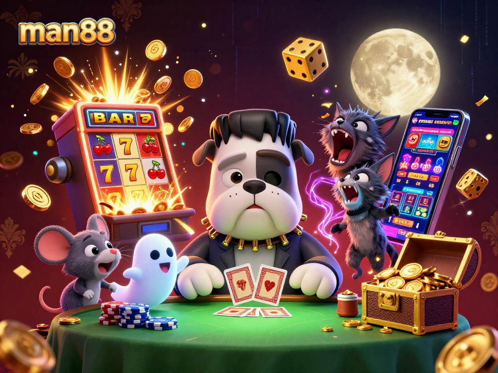 Experience thrilling card games at man88 with a lively 3D casino atmosphere featuring unique characters.