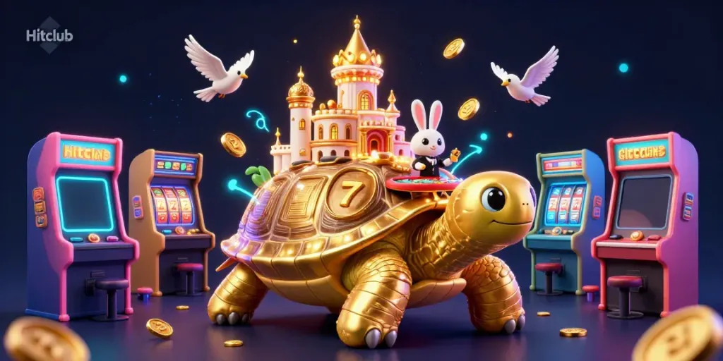 Experience Hitclub's gaming excitement with a vibrant casino scene featuring a golden tortoise and rabbit dealer.
