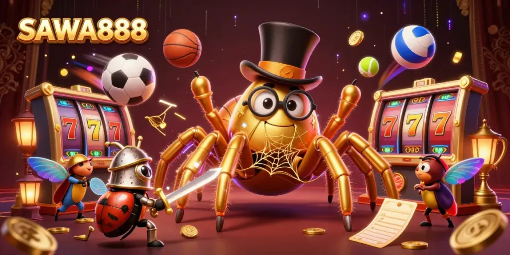 Experience the excitement of SAWA888 with a scene featuring a golden tarantula and beetle knight in a vibrant casino.
