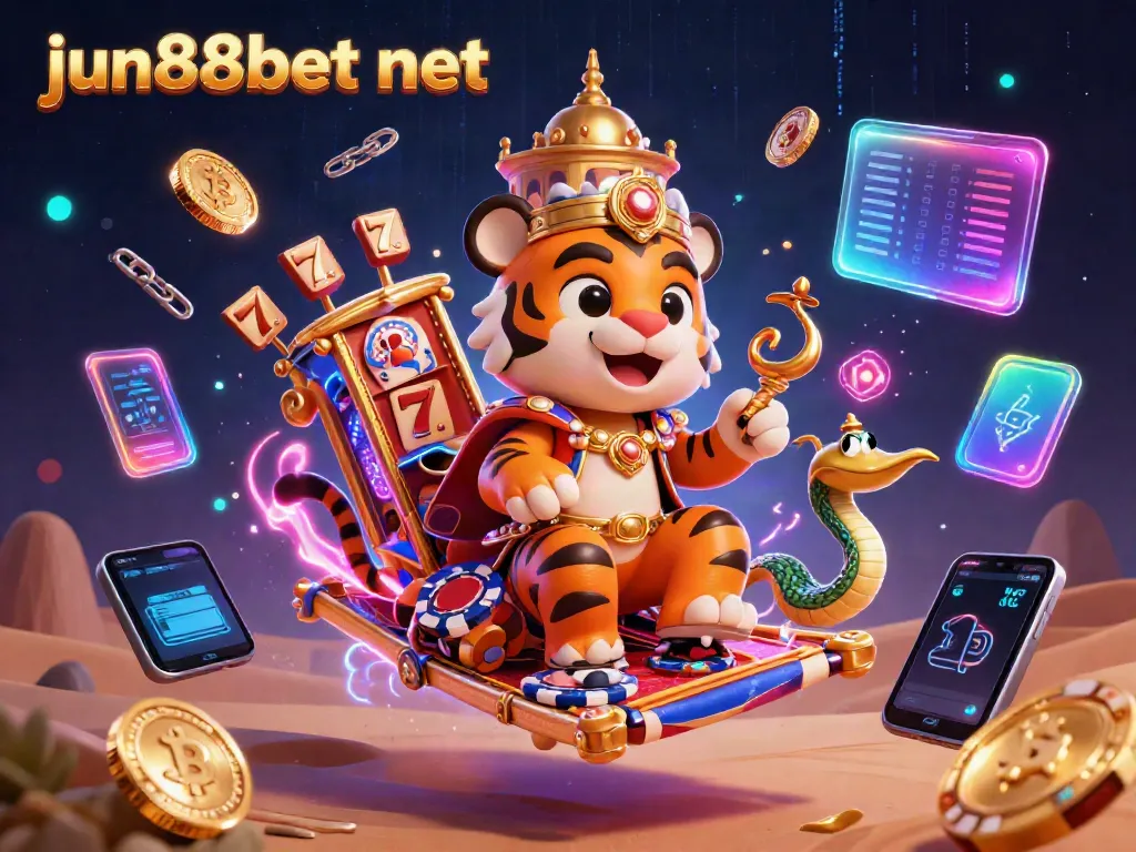 Engage with Jun88bet net through a vibrant scene of the tiger sultan on a poker chip flying carpet amidst glowing cryptocurrency elements and casino themes.
