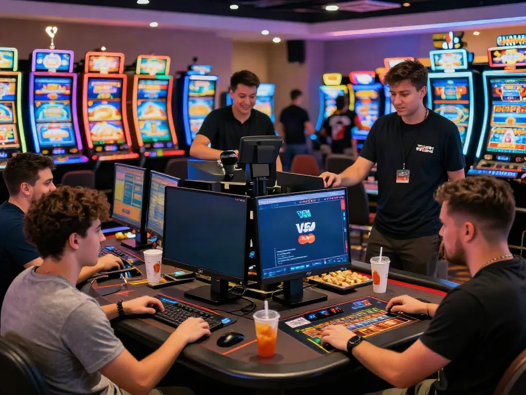 Players enjoying visa & mastercard casinos in a lively gaming atmosphere with colorful slot machines.