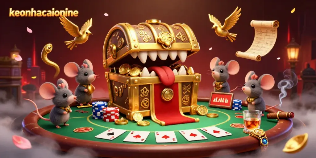 Engage with keonhacaionline as mice are drawn to a treasure chest in a vibrant poker scene.