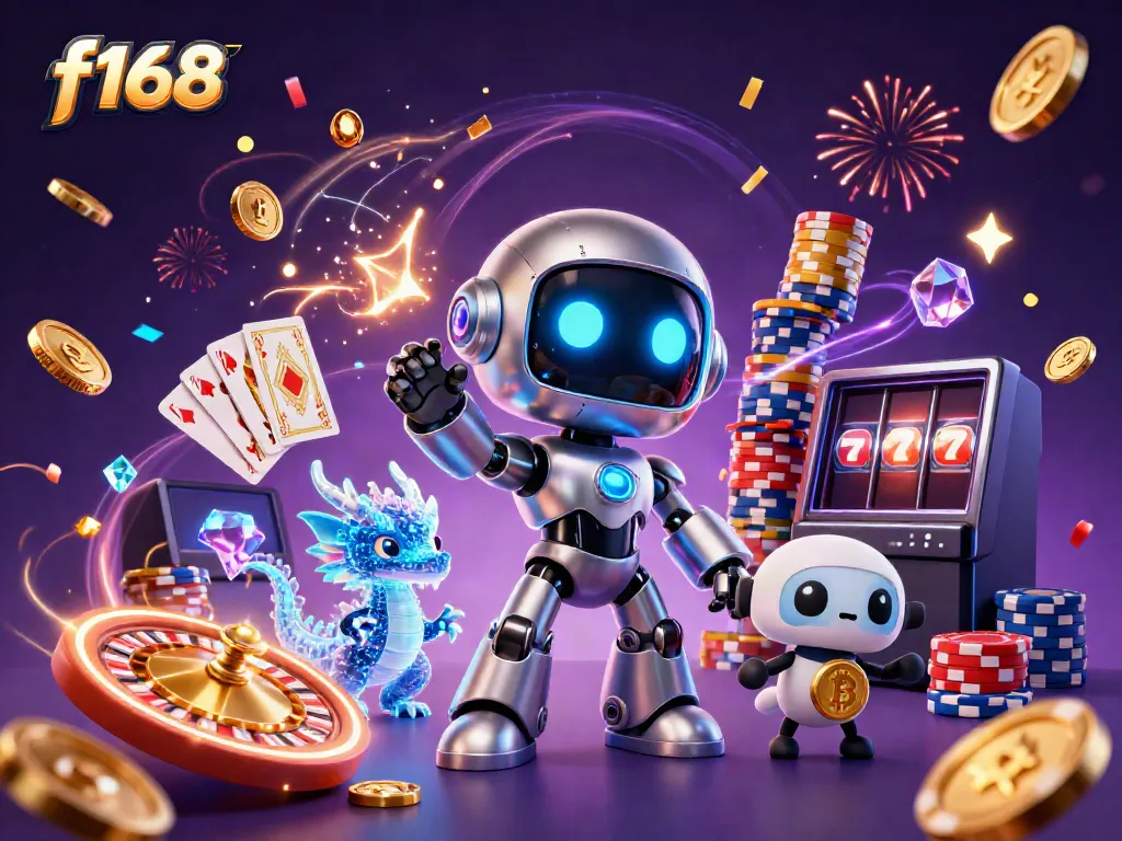 Experience thrilling gameplay at f168 with animated casino characters, coins, and fireworks for ultimate excitement.