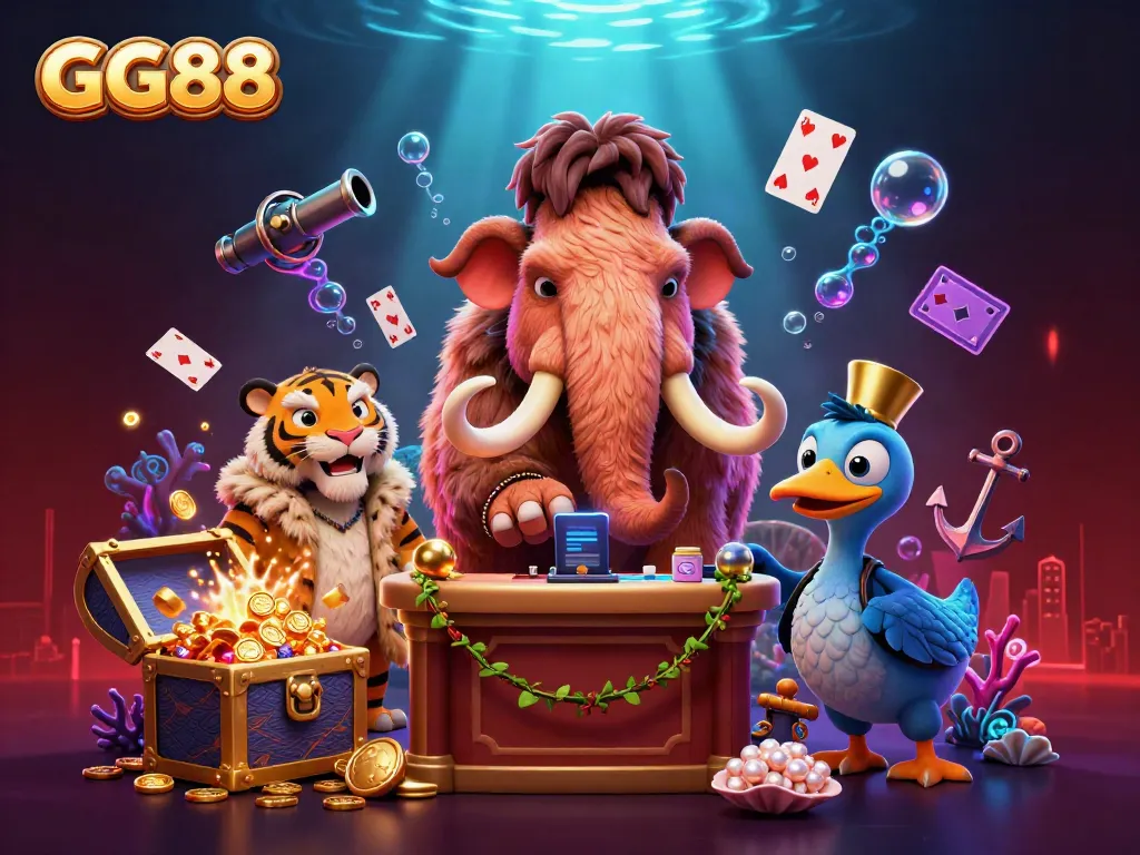 Experience the vibrant world of GG88, where a woolly mammoth bouncer checks IDs at a casino door.