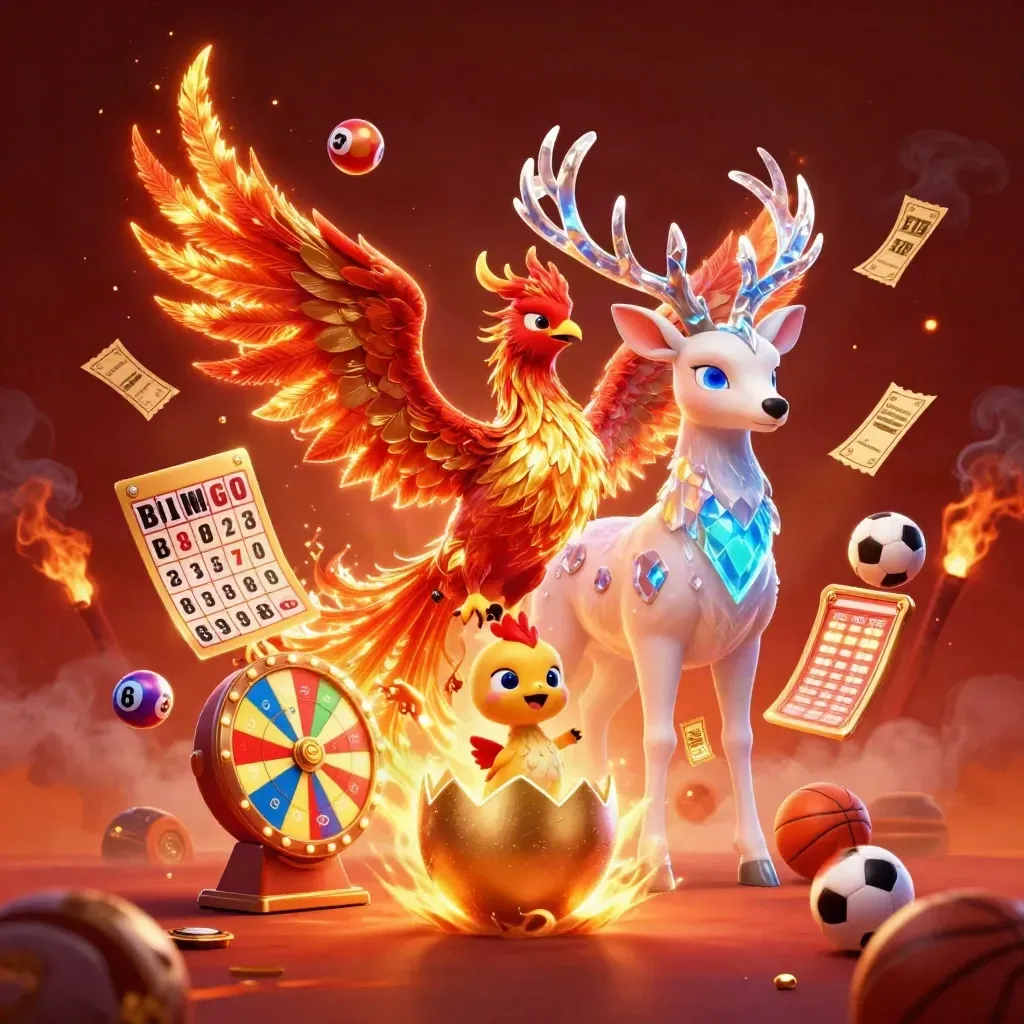 Fenice di fuoco, cervo cristallino e simboli da casinò in un’esplosione fantasy.