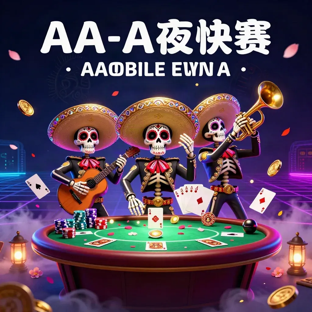 Tre scheletri mariachi tra fiches, carte e luce neon su sfondo scuro.