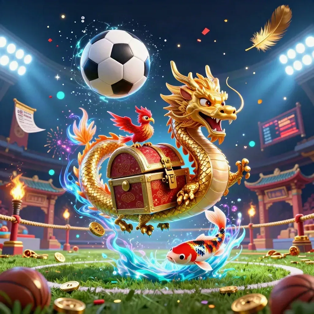 Drago d’oro, fenice e koi tra pallone, monete e luci blu in stile casino premium