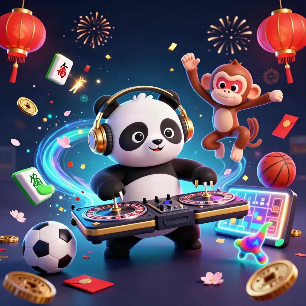 Panda DJ, scimmia e gattino rave tra gettoni, lanterne e luci neon su sfondo navy.