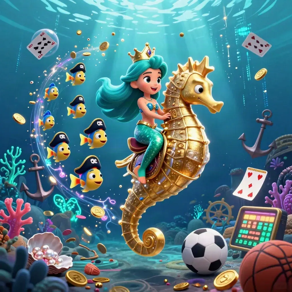 Principessa sirena su cavalluccio marino, pesci pirata, monete e carte in una caverna sommersa neon.