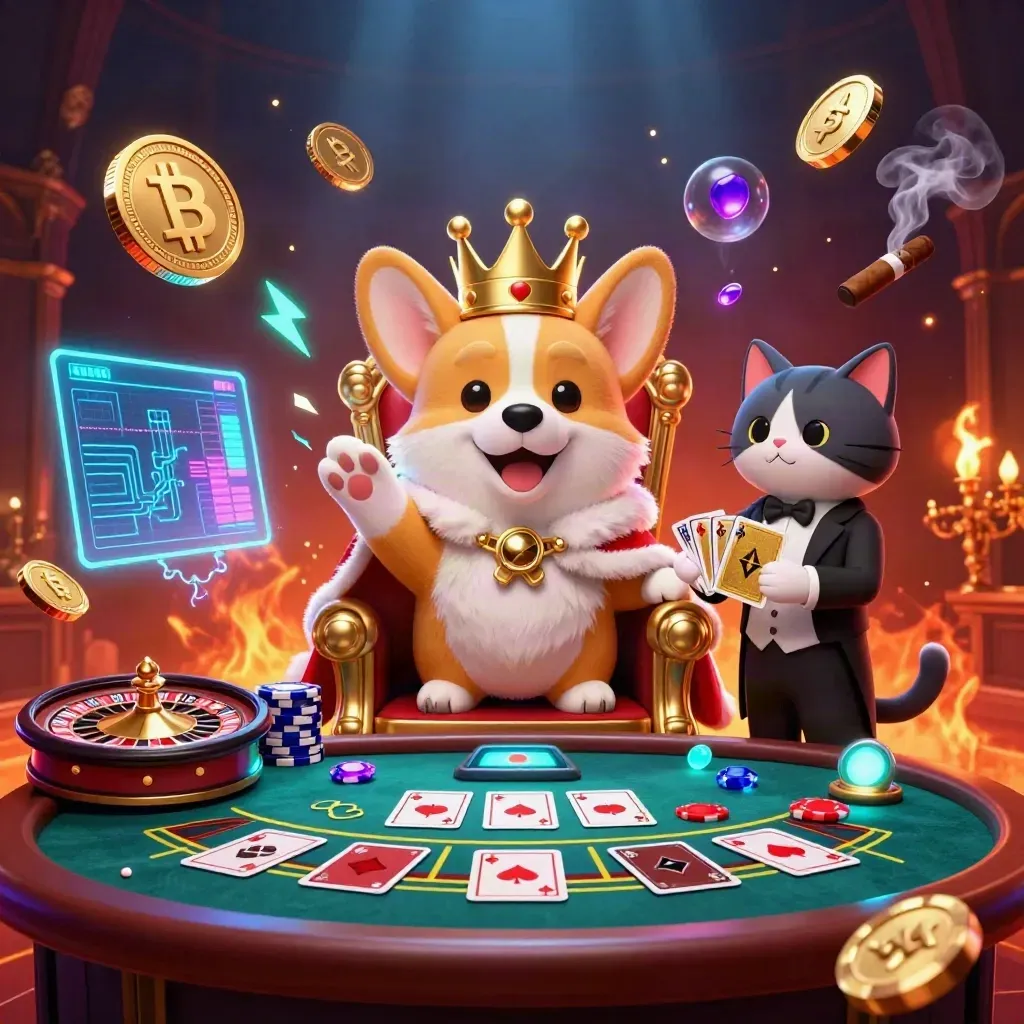 Corgi reale e gatto maggiordomo in casinò neon, con monete crypto e lampadario acceso.
