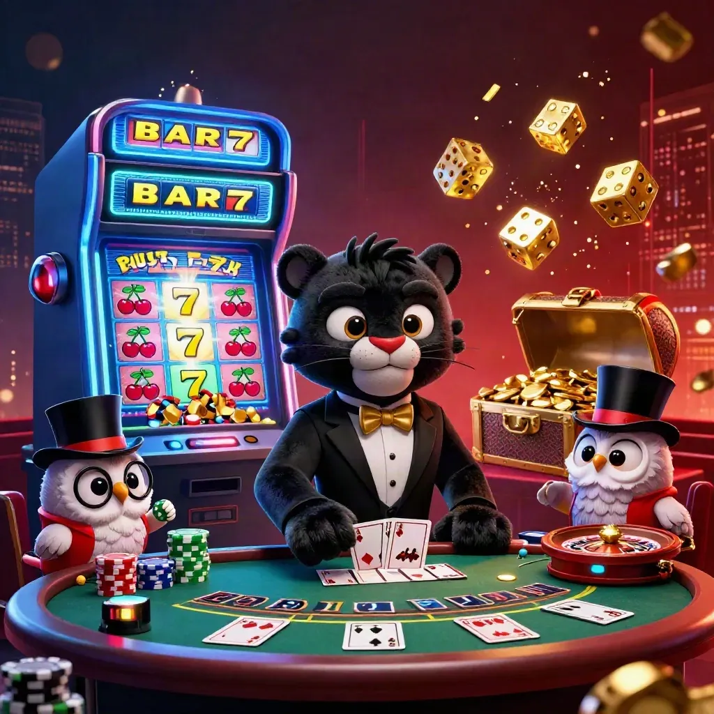 Pantera, civetta e topo in un lussuoso casino con slot, dadi e luci neon.