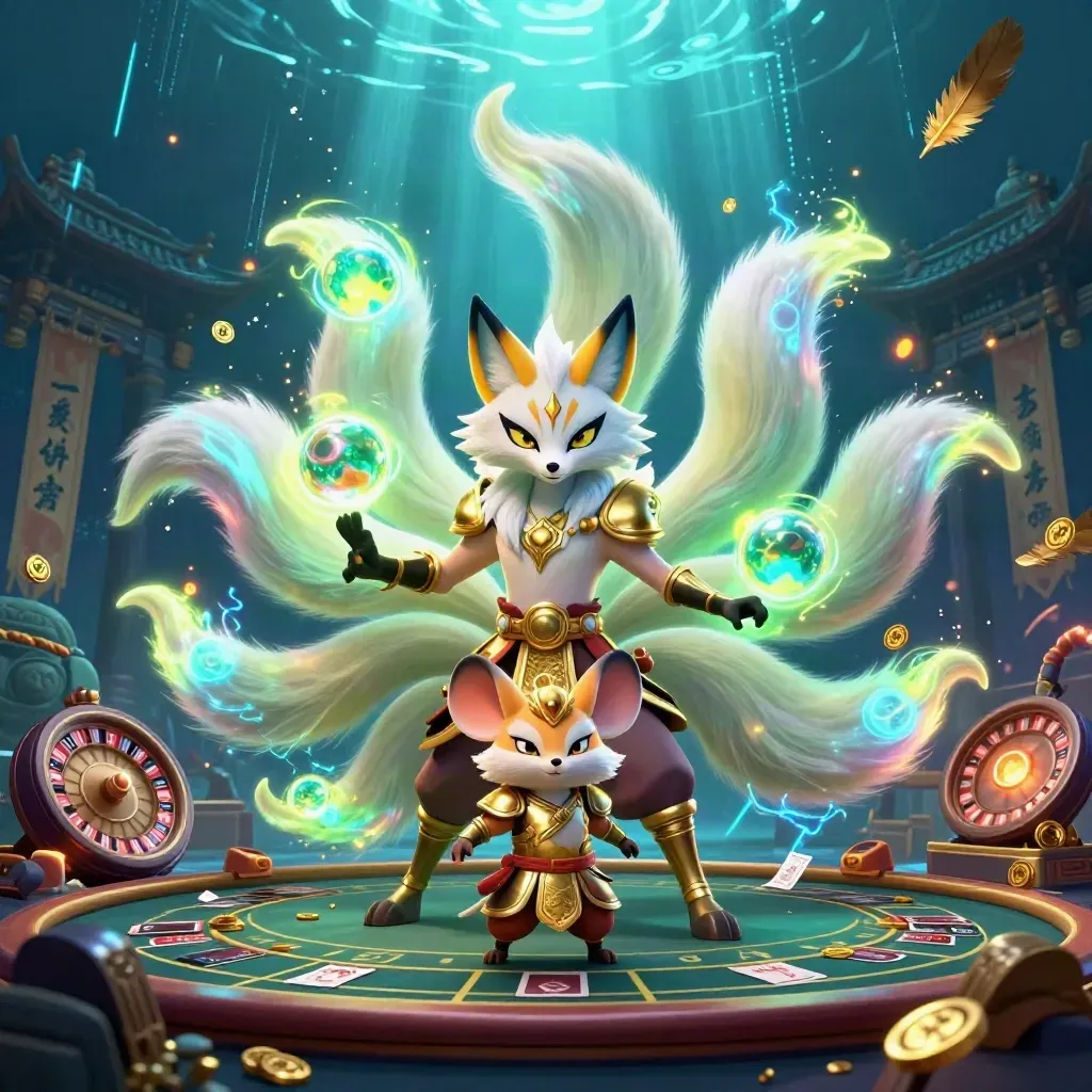 Volpe spirito a nove code con topo samurai tra tempio, roulette e luci neon