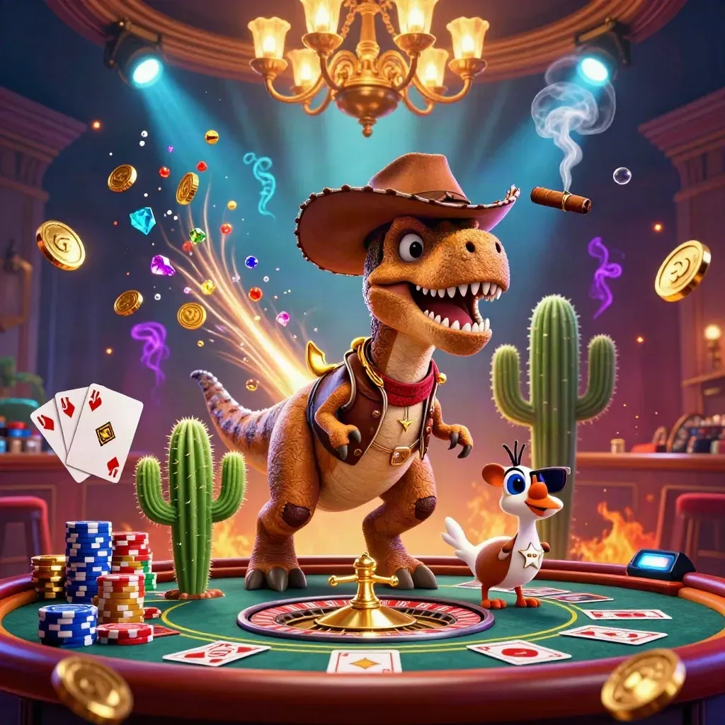 Tre personaggi cartoon in un casinò premium tra monete, gemme, luci neon e tavolo da gioco