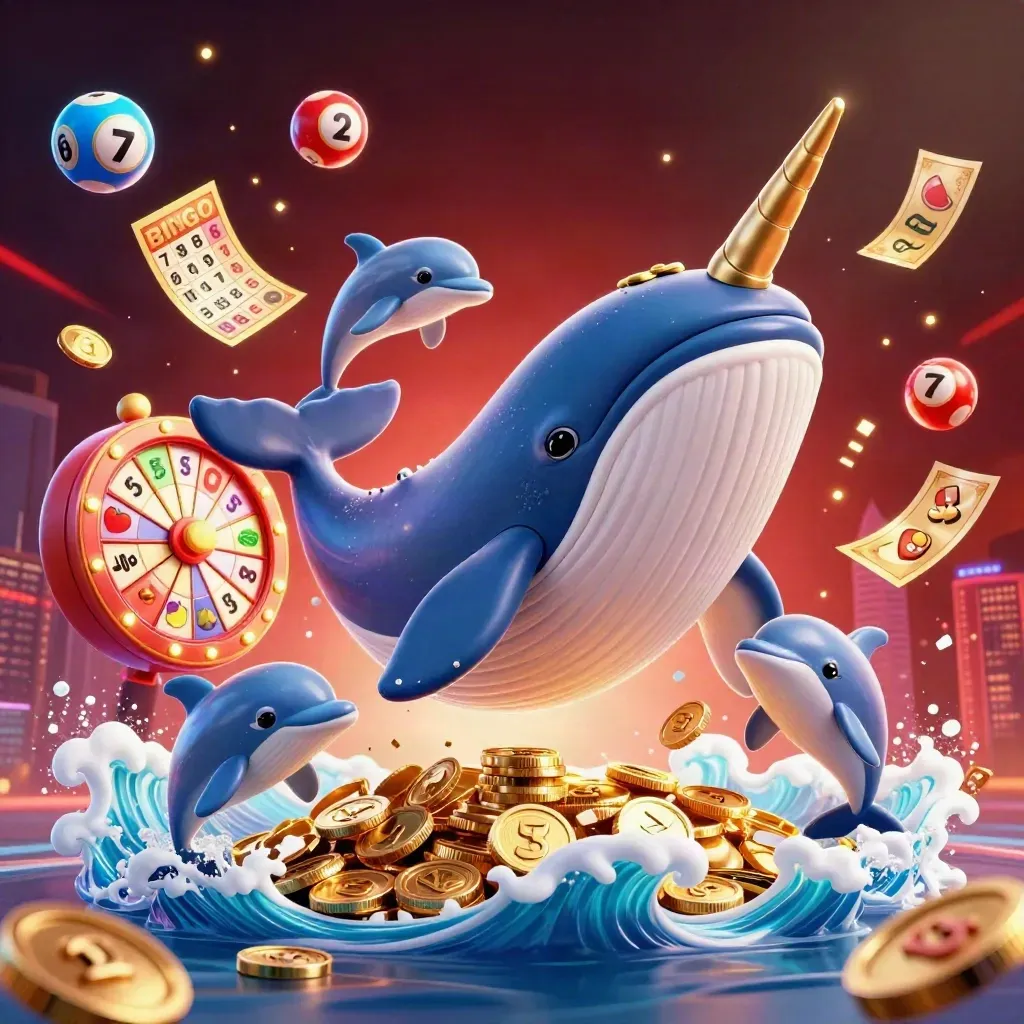 Balena capitano, narvalo e delfini tra monete, gemme e luci blu elettrico.