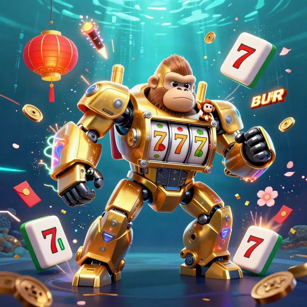 Gorilla mech dorato con scimmia pilota, fiches, lanterne e fulmini neon