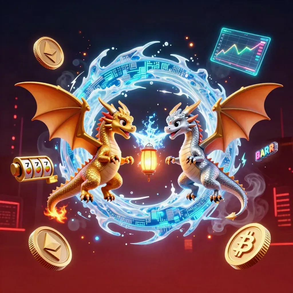 Due draghi 3D, uno oro e uno argento, tra fuoco e ghiaccio con monete crypto e luci al neon.
