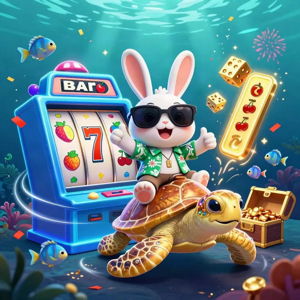 Coniglio lucky su tartaruga d’oro, slot esplosiva, monete e simboli in un fondo sottomarino neon.