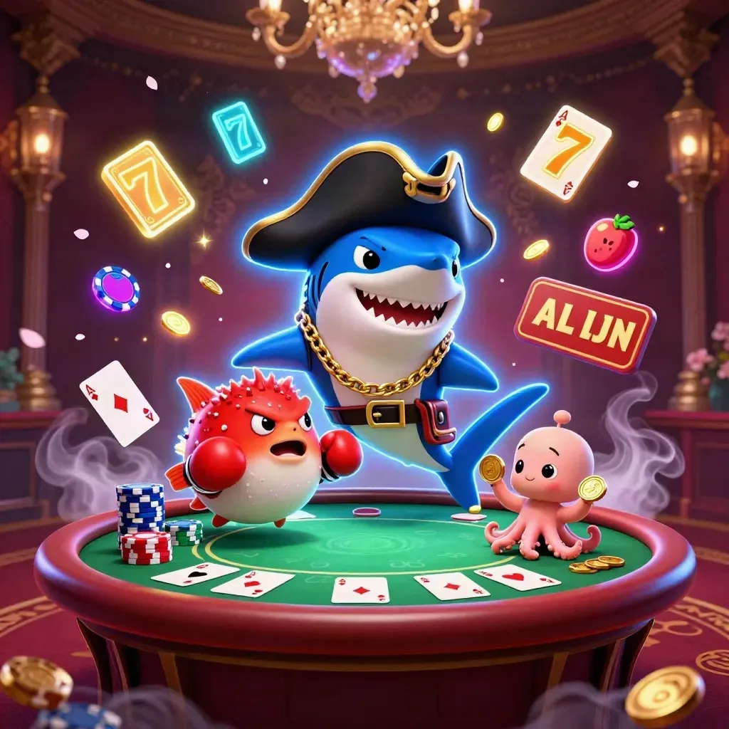 Squalo pirata, pesce palla e piovra baby tra fiches, assi e luci neon blu.