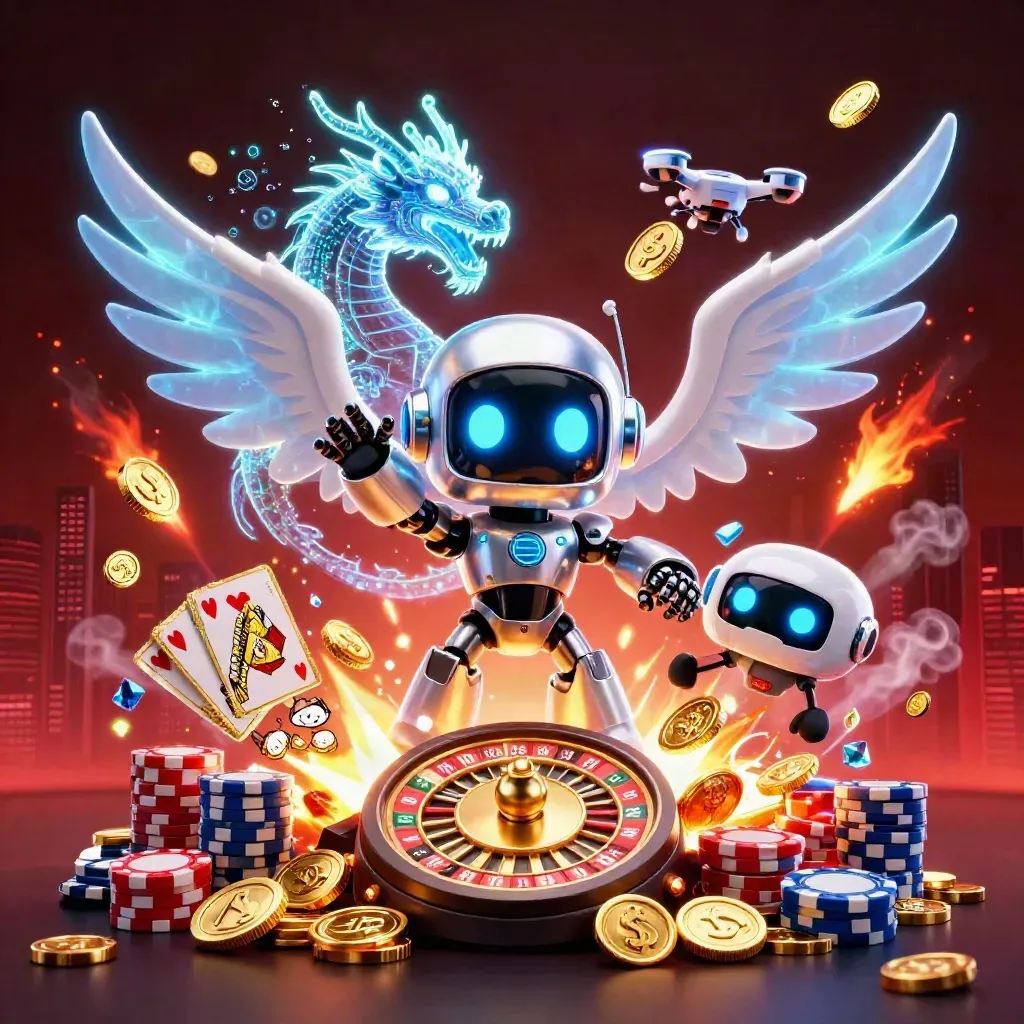 Robot cyberpunk, drago olografico e drone tra monete, carte e jackpot neon