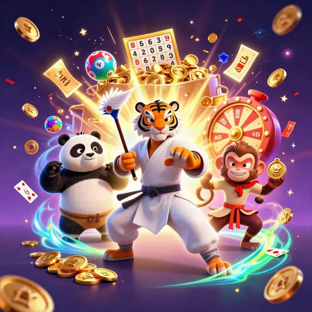 Tigre kung-fu, panda e scimmia tra monete, lotteria e fuochi d'artificio.