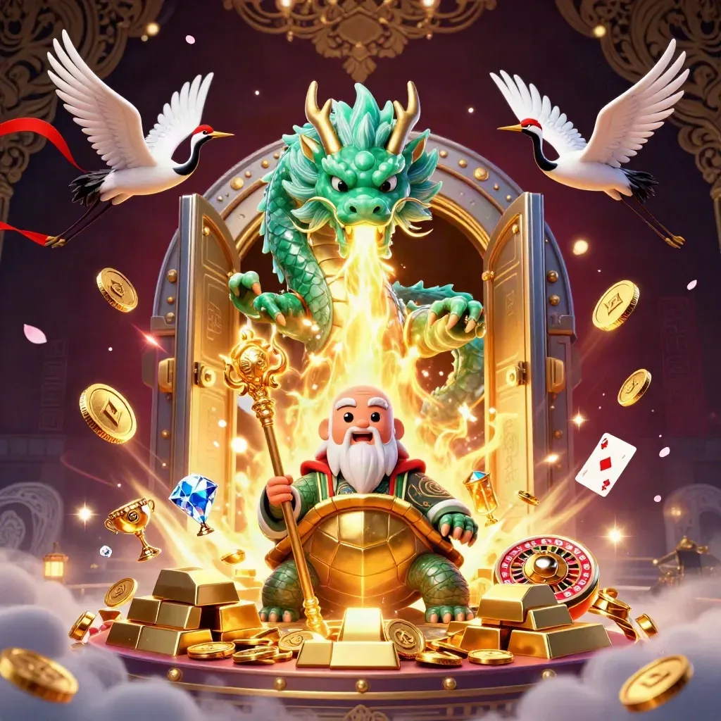Drago giada, tartaruga saggia e gru tra monete, caveau e luci casino su sfondo blu notte.