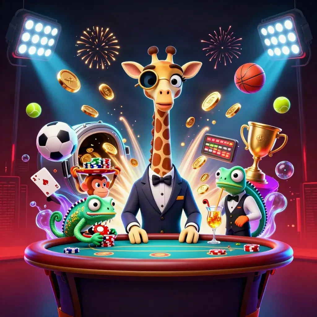 Giraffa, scimmia e camaleonte tra monete, premi e fuochi nel casino neon.