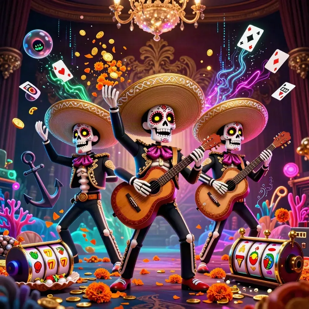 Trio di scheletri mariachi con teschi dipinti, monete, coralli e simboli slot in stile casino neon.