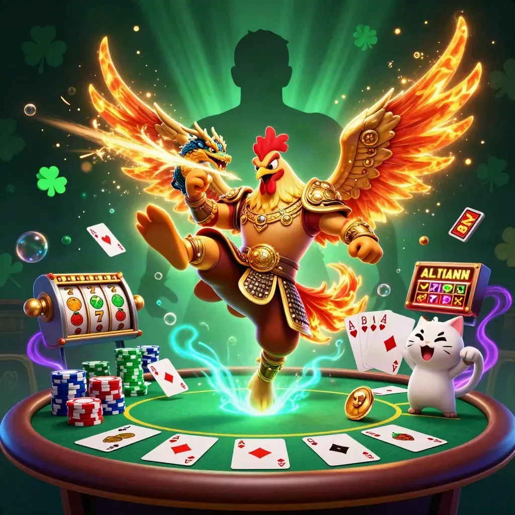 Gallo samurai, draghetto e gatto portafortuna tra fiches e rulli neon, su sfondo verde scuro.