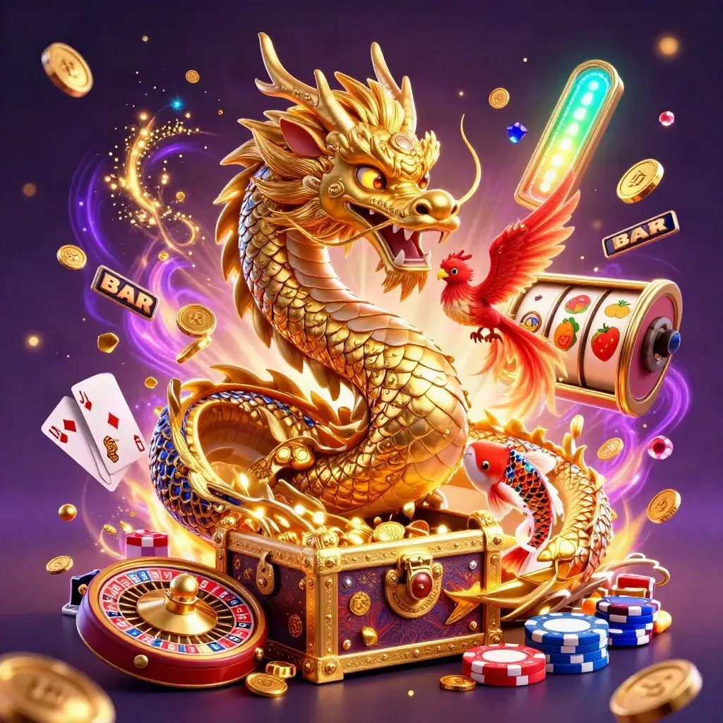 Drago cinese dorato con fenice, pesce koi e simboli casino in neon dinamico.