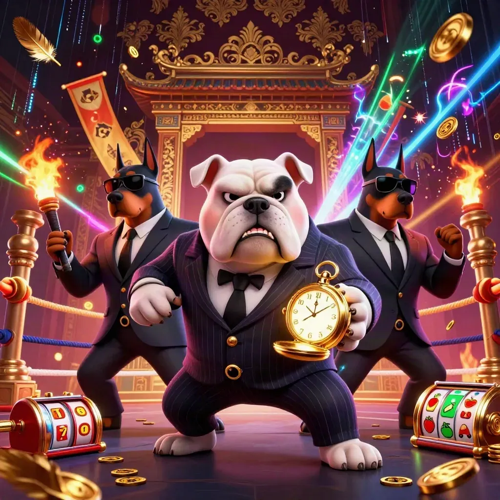 Bulldog boss con due doberman tra slot, monete, tempio e luce neon su sfondo damascato scuro.