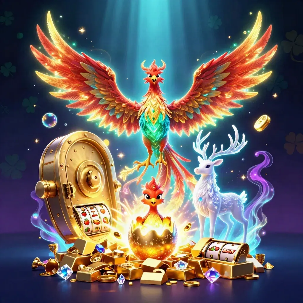 Fenice 3D, cervo magico e pulcino d'oro tra tesoro, slot e bagliori verdi.
