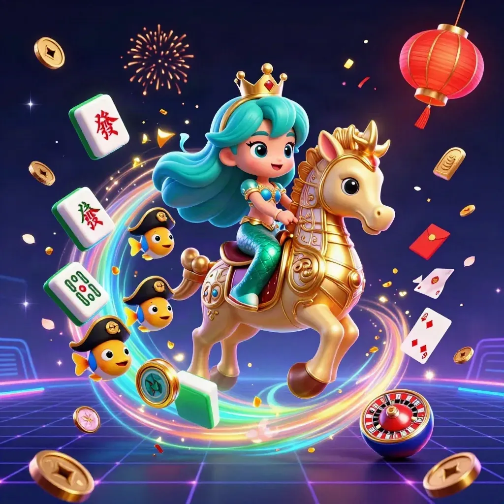 Sirena 3D su cavalluccio marino d’oro tra fiches, lanterne e luci neon