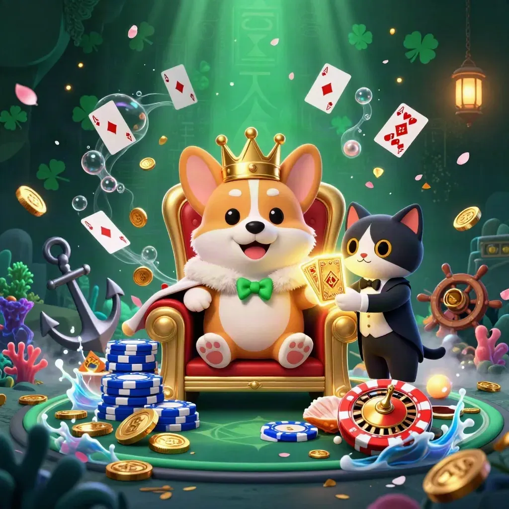 Corgi reale e gatto maggiordomo tra tesori marini, carte, monete e bagliori neon