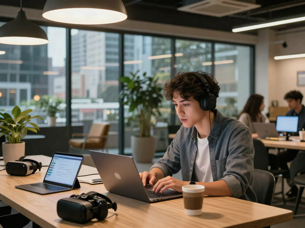 Engaging in ai nsfw chat on a laptop in a modern co-working space with tech gadgets and city view.