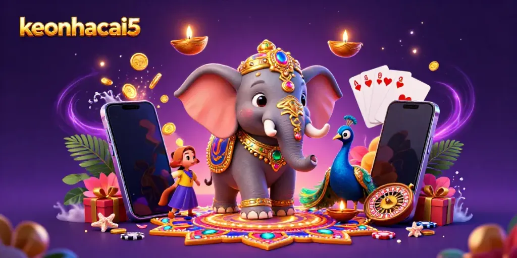 Experience the excitement of keonhacai5 with a vibrant casino-themed scene featuring an ornate elephant and colorful gaming elements.