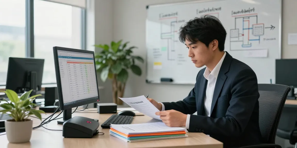 Business professional engaged in document fraud detection analysis in modern office.