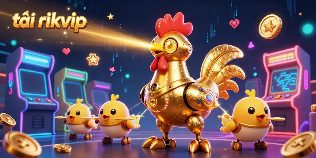 Experience the excitement of tải rikvip with golden rooster robot and retro gaming elements in a 3D illustration.