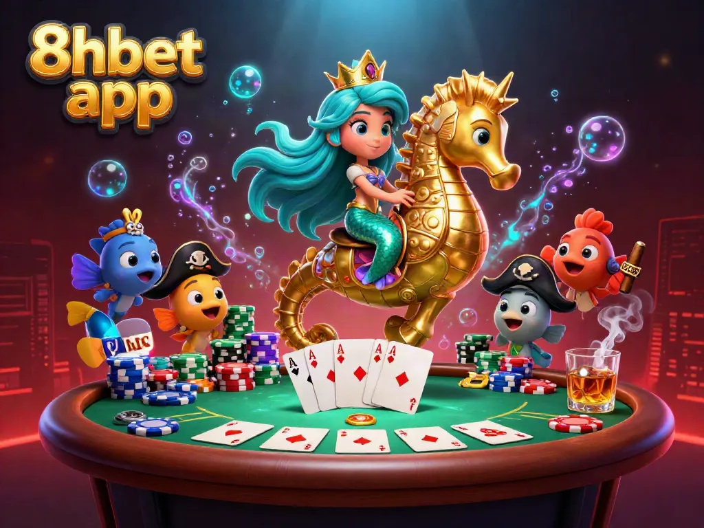 Engage with the exciting 8xbet app in a vibrant underwater casino scene featuring a mermaid and seahorse.