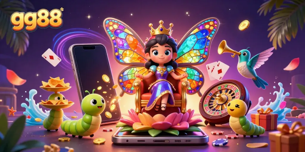 Experience winning moments with gg88's vibrant online casino scene featuring colorful games, chips, and a regal butterfly queen.