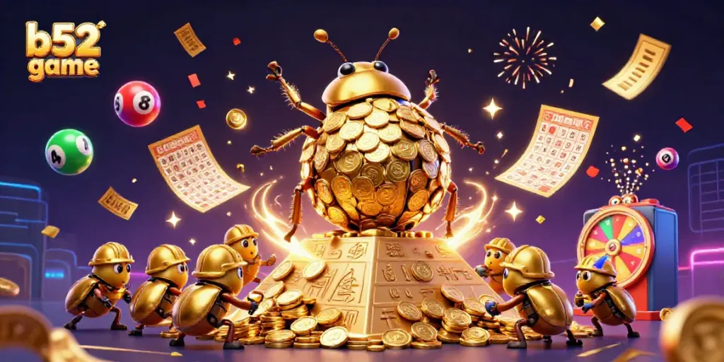 Experience the excitement of b52 game with a dynamic scene featuring golden beetles and vibrant casino elements.