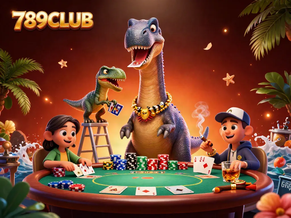 Engage in thrilling poker action with 789CLUB's vibrant 3D casino scene of colossal characters.