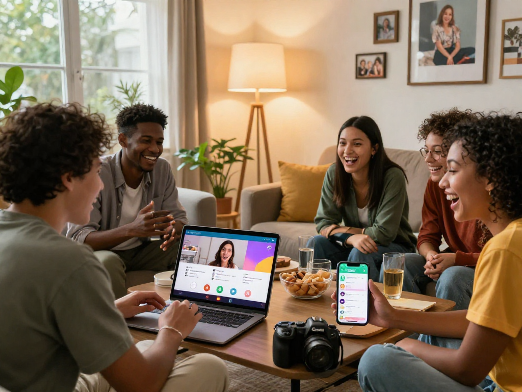 Friends enjoying a spicychat video call in a cozy setting, showcasing social interaction on multiple devices.